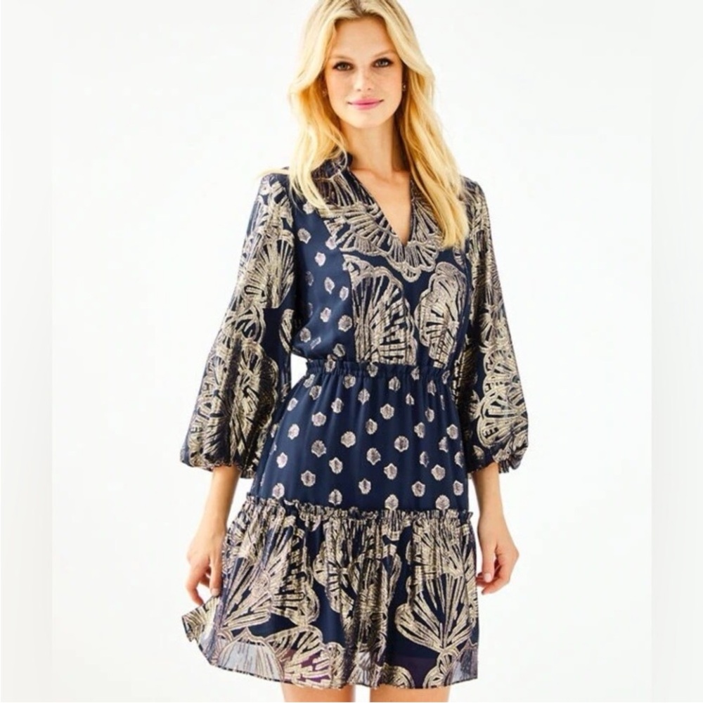 Lilly Pulitzer NWT Joella Silk Dress seagrass Metallic Clip Chiffon Size 8